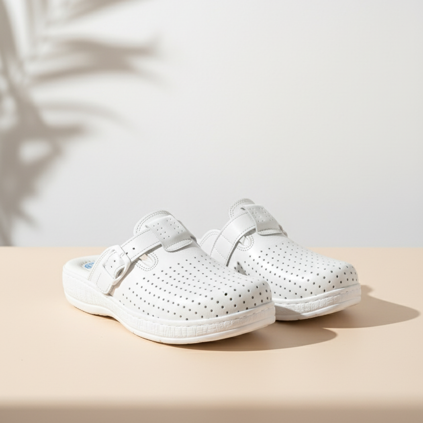 Pair of white clogs on a beige surface with a light background